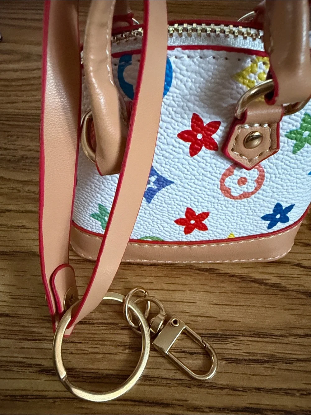 White Multicolor Floral Mini Bag Key Holder